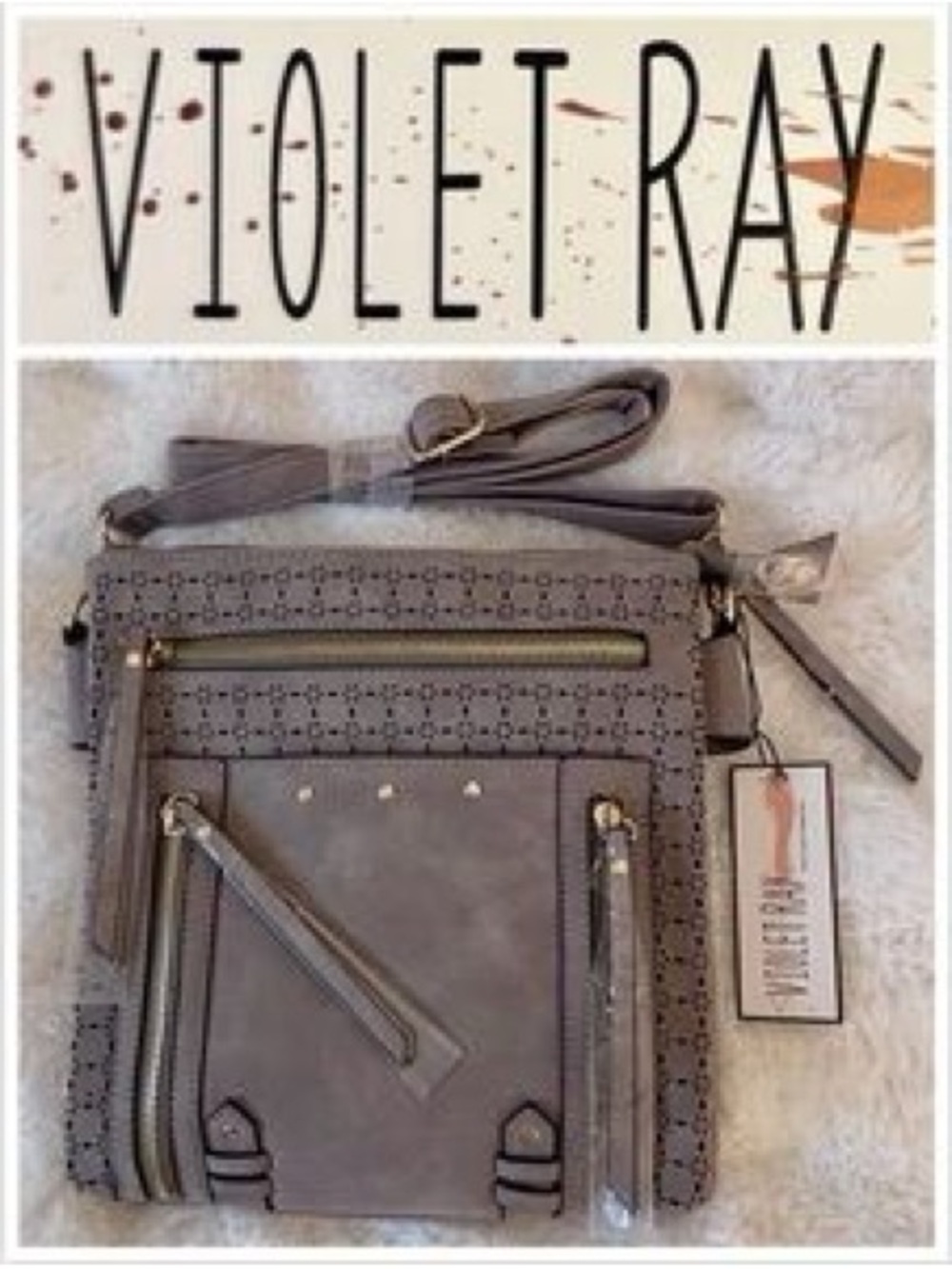 Violet Ray Gray Perforated Crossbody Bag with Gold Accents